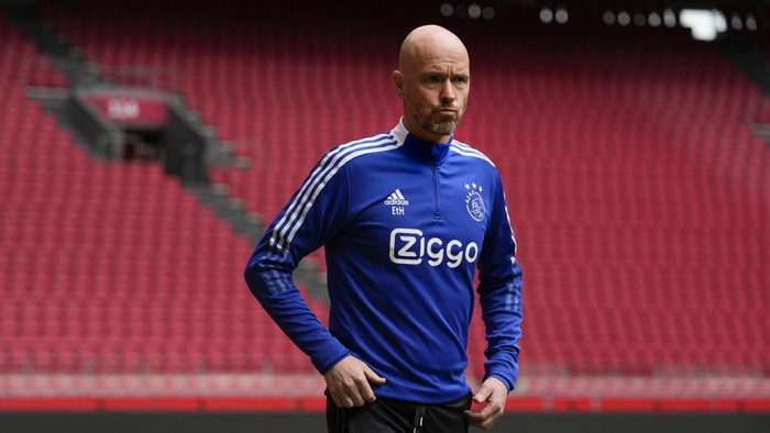 Ajax coach Erik Ten Hag during a press conference at the ArenA stadium in Amsterdam, Netherlands, Friday, April 15, 2022. British and Dutch media are reporting that Ten Hag has reached a verbal agreement to coach Manchester United.(AP Photo/Peter Dejong)
