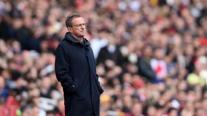LONDON, ENGLAND - APRIL 23: Ralf Rangnick, Interim Manager of Manchester United looks on during the Premier League match between Arsenal and Manchester United at Emirates Stadium on April 23, 2022 in London, England. (Photo by Mike Hewitt/Getty Images)