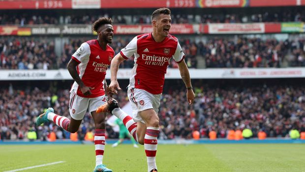 Soccer Football - Premier League - Arsenal v Manchester United - Emirates Stadium, London, Britain - April 23, 2022 Arsenal's Granit Xhaka celebrates scoring their third goal Action Images via Reuters/Paul Childs EDITORIAL USE ONLY.