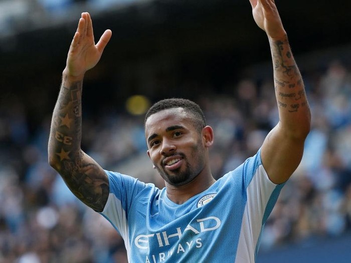 MANCHESTER, ENGLAND - APRIL 23: Gabriel Jesus of Manchester City celebrates after scoring their teams fifth goal during the Premier League match between Manchester City and Watford at Etihad Stadium on April 23, 2022 in Manchester, England. (Photo by Gareth Copley/Getty Images,)