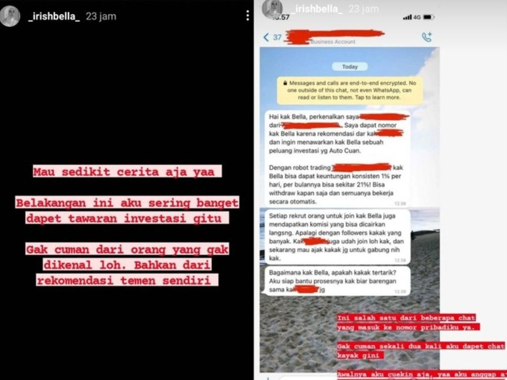 Bukti percakapan antara Irish Bella dan orang yang mengajaknya melakukan investasi bodong.