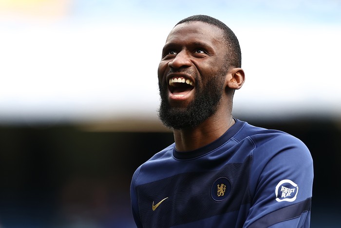 LONDON, ENGLAND - APRIL 02: Antonio Ruediger of Chelsea kicks warms up during the Premier League match between Chelsea and Brentford at Stamford Bridge on April 02, 2022 in London, England. (Photo by Ryan Pierse/Getty Images)