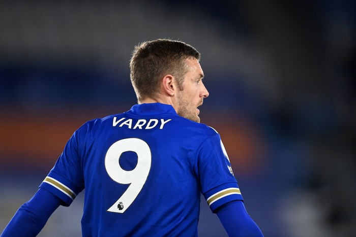 LEICESTER, ENGLAND - MAY 07: Jamie Vardy of Leicester City looks on during the Premier League match between Leicester City and Newcastle United at The King Power Stadium on May 07, 2021 in Leicester, England. Sporting stadiums around the UK remain under strict restrictions due to the Coronavirus Pandemic as Government social distancing laws prohibit fans inside venues resulting in games being played behind closed doors. (Photo by Michael Regan/Getty Images)