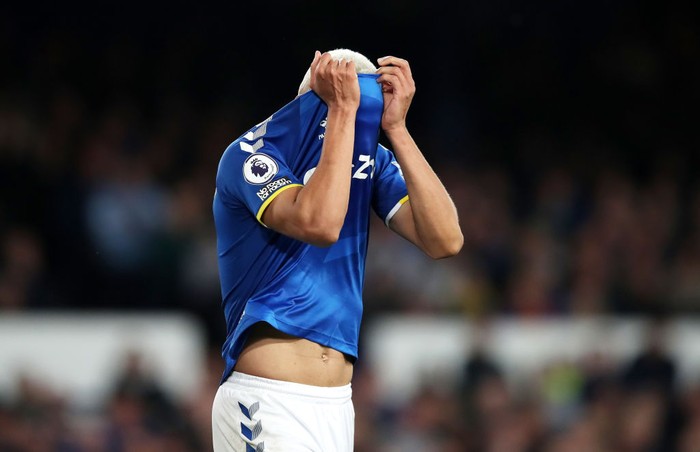LIVERPOOL, ENGLAND - APRIL 20: Richarlison of Everton reacts after a missed chance during the Premier League match between Everton and Leicester City at Goodison Park on April 20, 2022 in Liverpool, England. (Photo by Jan Kruger/Getty Images)