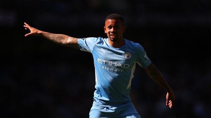 MANCHESTER, ENGLAND - APRIL 23: Gabriel Jesus of Manchester City looks on during the Premier League match between Manchester City and Watford at Etihad Stadium on April 23, 2022 in Manchester, England. (Photo by Alex Livesey/Getty Images)