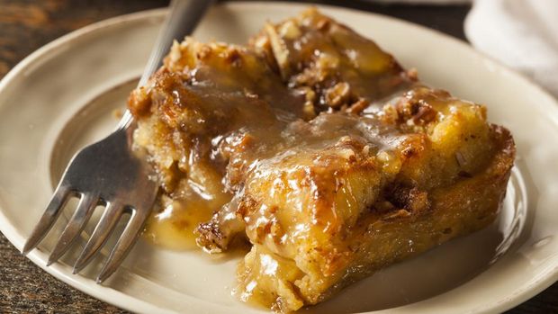 Sweet Homemade Bread Pudding Dessert with Brandy Sauce