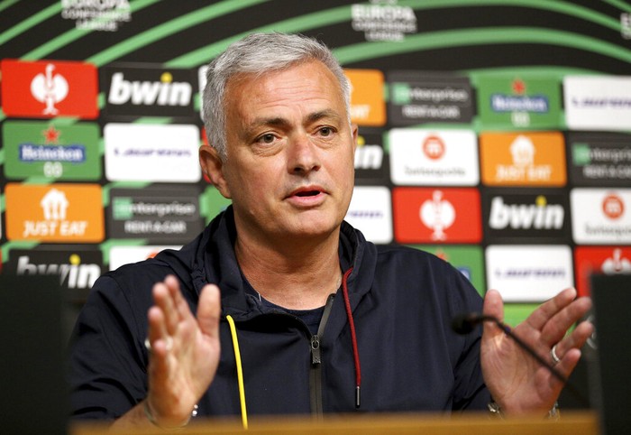 Roma manager Jose Mourinho smiles during a press conference at the King Power Stadium, Leicester, England, Wednesday April 27, 2022, ahead of their Europa Conference League semifinal match against Leicester City on Thursday. (Nigel French/PA via AP)
