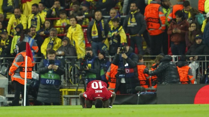 Liverpools Sadio Mane celebrates after scoring his sides second goal during the Champions League semi final, first leg soccer match between Liverpool and Villarreal at Anfield stadium in Liverpool, England, Wednesday, April 27, 2022. (AP Photo/Jon Super)