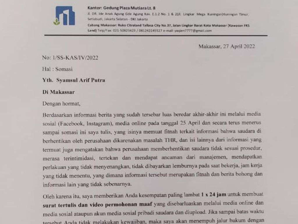 Isi Surat Perusahaan Makassar Gugat Rp 1 M Karyawan Ngaku Dipecat Karena THR