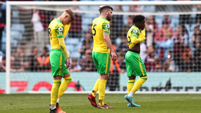 BIRMINGHAM, ENGLAND - APRIL 30: Grant Hanley of Norwich City looks dejected following their sides defeat and relegation to the Championship during the Premier League match between Aston Villa and Norwich City at Villa Park on April 30, 2022 in Birmingham, England. (Photo by Marc Atkins/Getty Images)