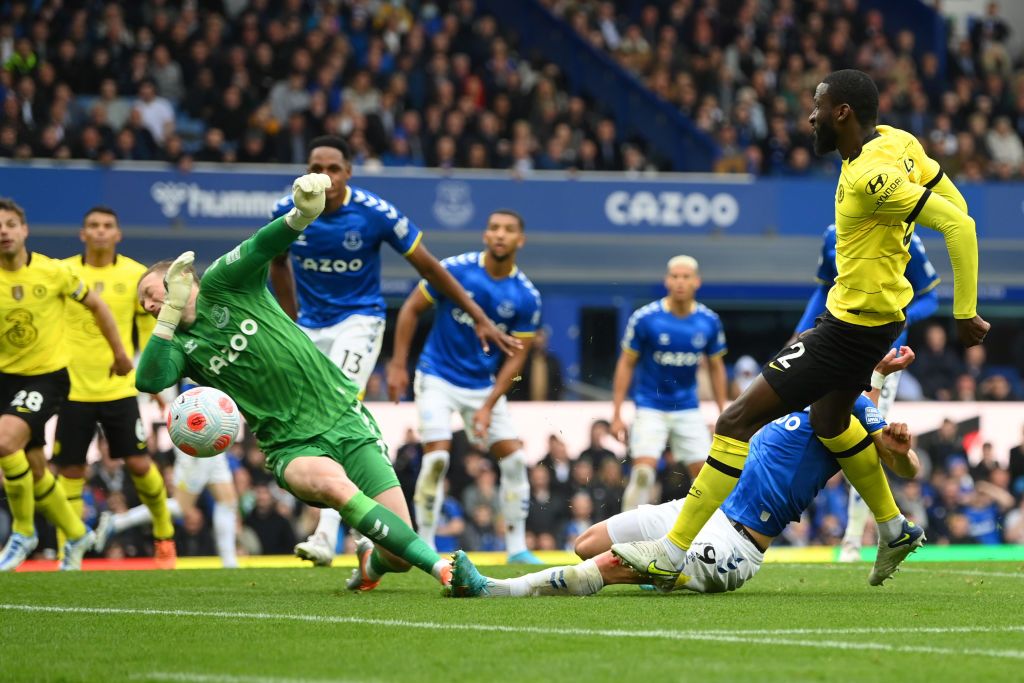 LIVERPOOL, ENGLAND - MAY 01: Richarlison of Everton celebrates after scoring their team's first goal during the Premier League match between Everton and Chelsea at Goodison Park on May 01, 2022 in Liverpool, England. (Photo by Jan Kruger/Getty Images)
