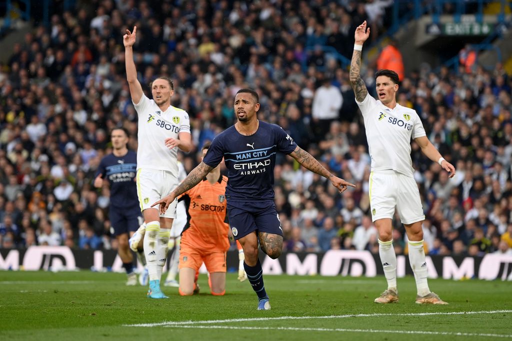 LEEDS, ENGLAND - APRIL 30: Gabriel Jesus of Manchester City celebrates after scoring their sides third goal during the Premier League match between Leeds United and Manchester City at Elland Road on April 30, 2022 in Leeds, England. (Photo by Michael Regan/Getty Images)