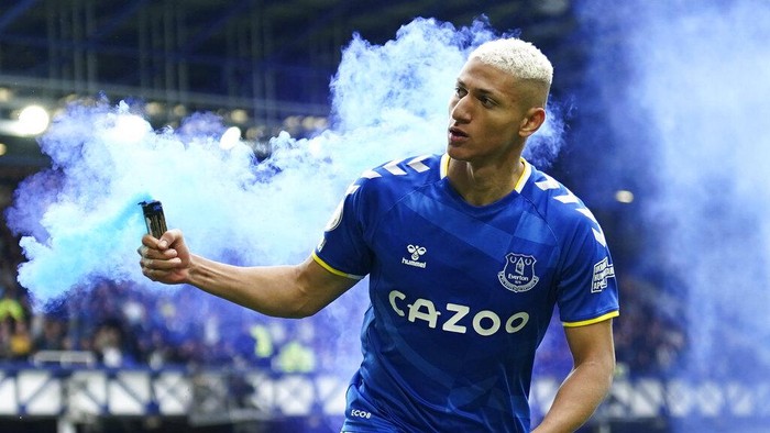 Richarlison, Everton vs Chelsea Everton's Richarlison ruins with a flare as he celebrates after scoring his sides first goal during the Premier League soccer match between Everton and Chelsea at Goodison Park in Liverpool, England, Sunday, May 1, 2022. (AP Photo/Jon Super)