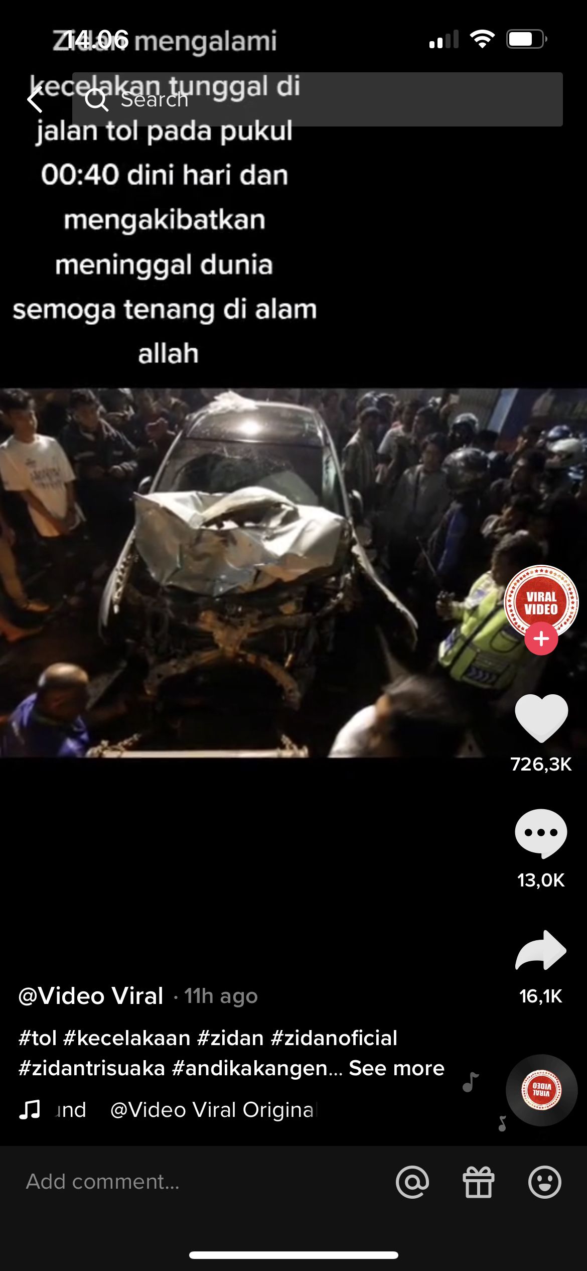 Akun TikTok yang menyebarkan kabar Zinidin Zidan mengalami kecelakaan.