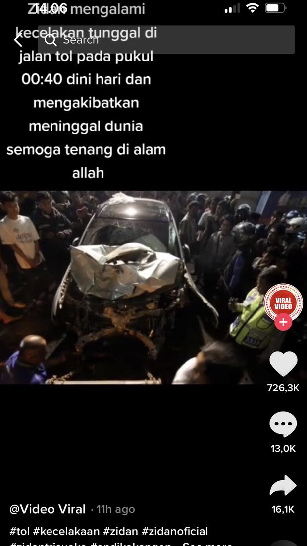 Akun TikTok yang menyebarkan kabar Zinidin Zidan mengalami kecelakaan.