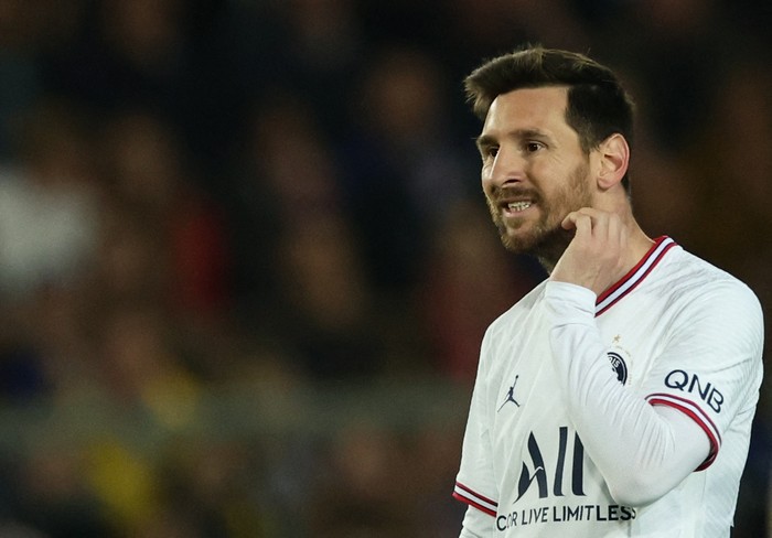 Soccer Football - Ligue 1 - RC Strasbourg v Paris St Germain - Stade de la Meinau, Strasbourg, France - April 29, 2022 Paris St Germains Lionel Messi reacts REUTERS/Sarah Meyssonnier
