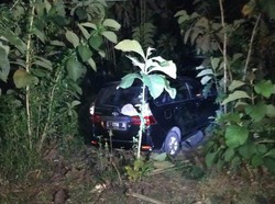 Terobos Marka Jalan, Mobil Pemudik Asal Surabaya Nyungsep ke Lahan Pohon Jati