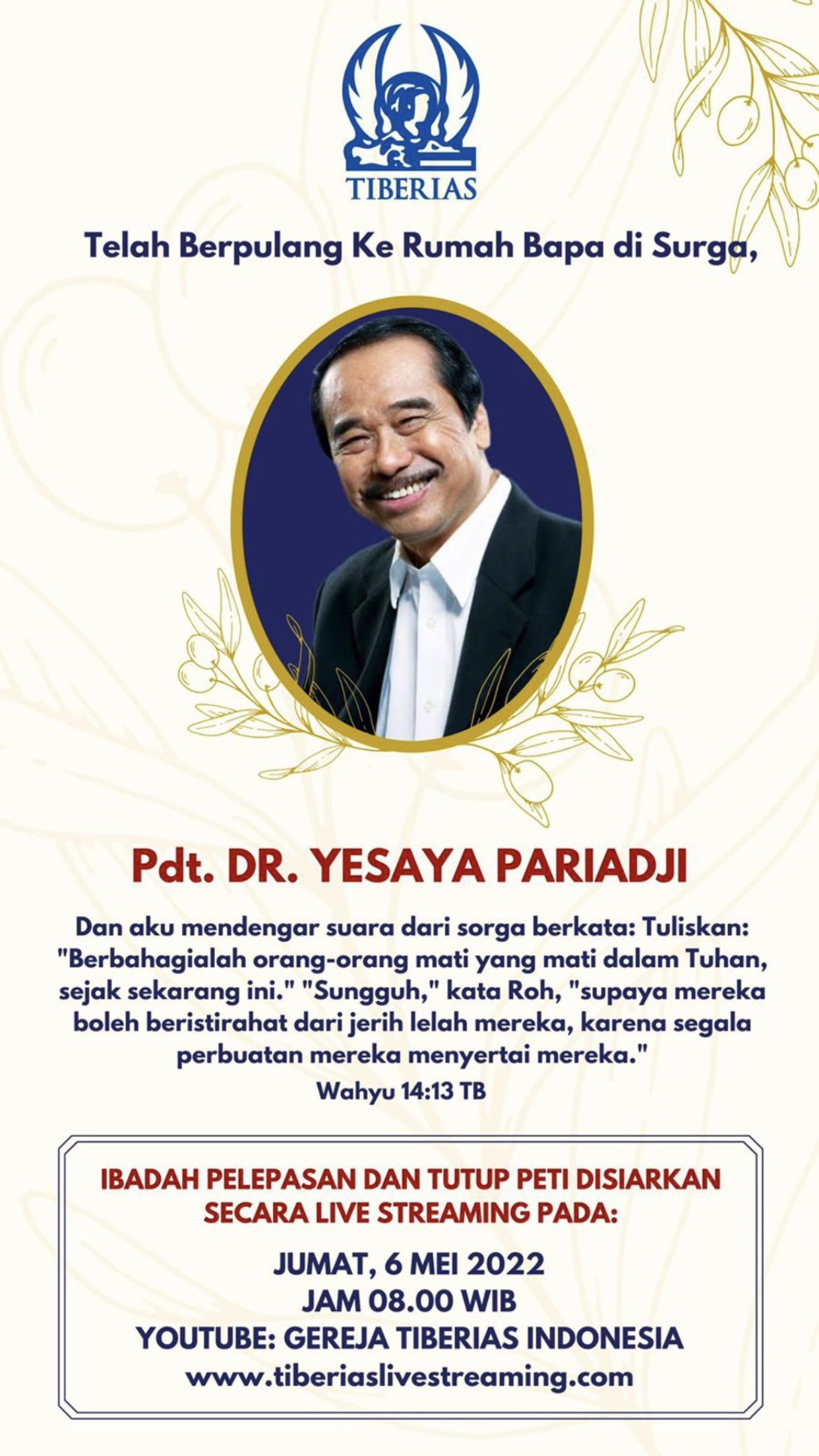 Biografi Profil Biodata Pendeta Yesaya Pariadji instagram ig Pendiri Gereja Tiberias Meninggal Dunia Wikipedia Indonesia