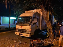 Kaget Hindari Mobil, Truk Ekspedisi Seruduk Pohon di Karangasem