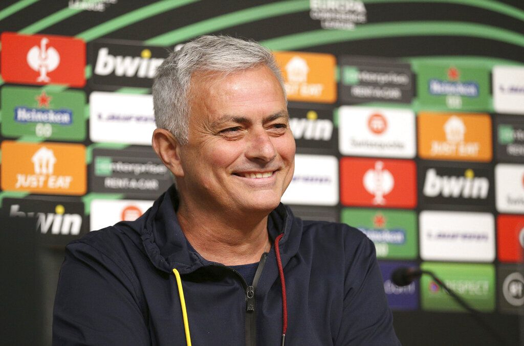 Roma manager Jose Mourinho smiles during a press conference at the King Power Stadium, Leicester, England, Wednesday April 27, 2022, ahead of their Europa Conference League semifinal match against Leicester City on Thursday. (Nigel French/PA via AP)
