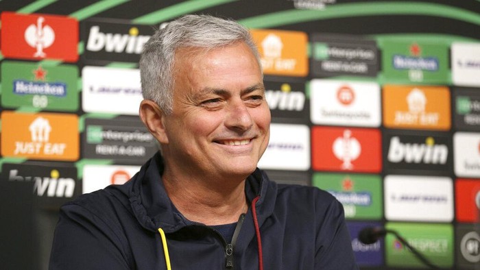 Roma manager Jose Mourinho smiles during a press conference at the King Power Stadium, Leicester, England, Wednesday April 27, 2022, ahead of their Europa Conference League semifinal match against Leicester City on Thursday. (Nigel French/PA via AP)