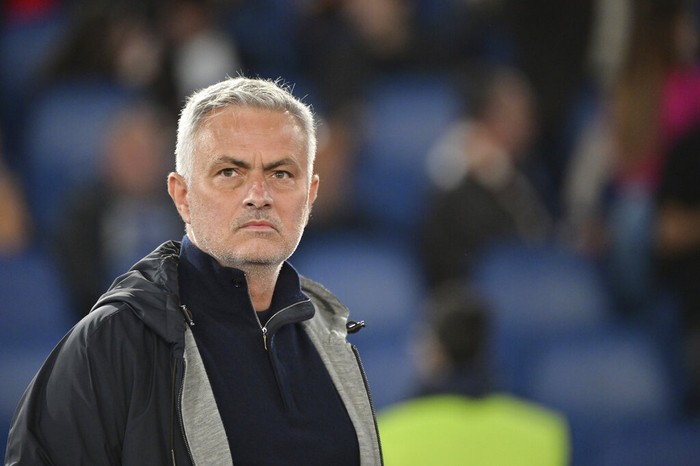 Roma coach Jose Mourinho watches the Serie A soccer match between Roma and Bologna, at the Rome Olympic stadium, Sunday, May 1, 2022. (Alfredo Falcone/LaPresse via AP)