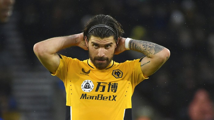 Wolverhampton Wanderers Ruben Neves during the English Premier League soccer match between Wolverhampton Wanderers and Leicester City at Molineux stadium in Wolverhampton, England, Sunday, Feb. 20, 2022. (AP Photo/Rui Vieira)