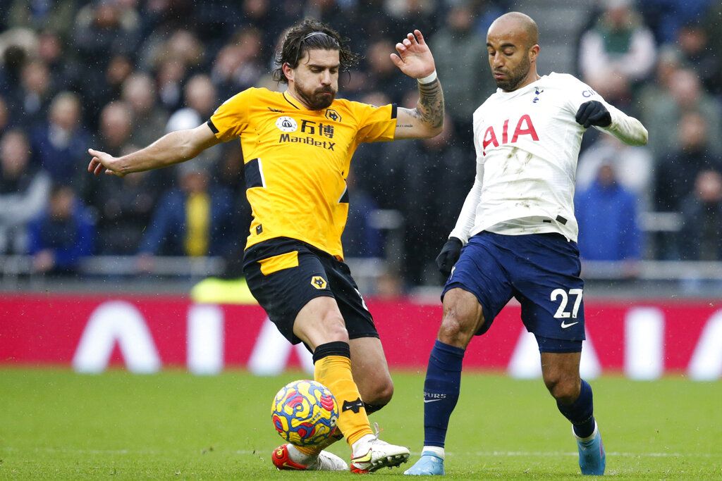Wolverhampton Wanderers' Ruben Neves during the English Premier League soccer match between Wolverhampton Wanderers and Leicester City at Molineux stadium in Wolverhampton, England, Sunday, Feb. 20, 2022. (AP Photo/Rui Vieira)