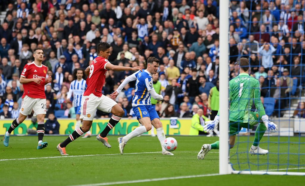 BRIGHTON, ENGLAND - MAY 07: Pascal Gross of Brighton & Hove Albion scores their team's third goal past David De Gea of Manchester United during the Premier League match between Brighton & Hove Albion and Manchester United at American Express Community Stadium on May 07, 2022 in Brighton, England. (Photo by Mike Hewitt/Getty Images)
