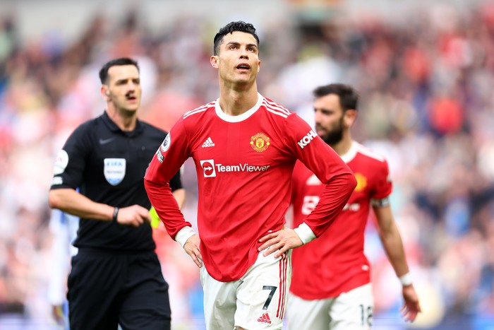 BRIGHTON, ENGLAND - MAY 07: Cristiano Ronaldo of Manchester United shows his frustration during the Premier League match between Brighton & Hove Albion and Manchester United at American Express Community Stadium on May 07, 2022 in Brighton, England. (Photo by Manchester United/Manchester United via Getty Images)