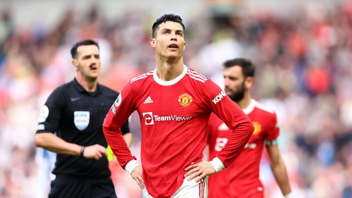 BRIGHTON, ENGLAND - MAY 07: Cristiano Ronaldo of Manchester United shows his frustration during the Premier League match between Brighton & Hove Albion and Manchester United at American Express Community Stadium on May 07, 2022 in Brighton, England. (Photo by Manchester United/Manchester United via Getty Images)