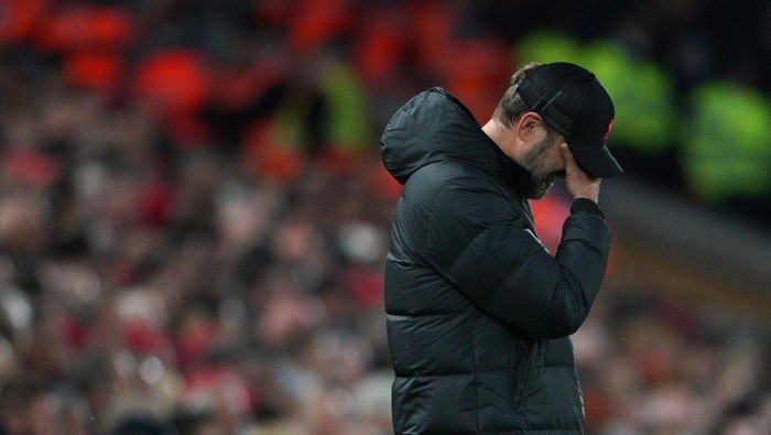 Liverpool manager Jurgen Klopp appears dejected on the touchline during the Premier League match at Anfield, Liverpool. Picture date: Saturday May 7, 2022. (Photo by Peter Byrne/PA Images via Getty Images)
