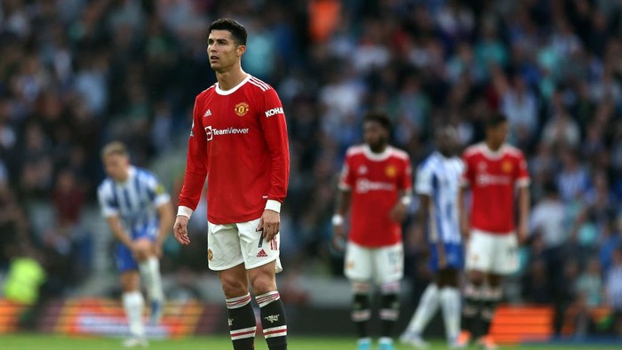 BRIGHTON, ENGLAND - MAY 07: Cristiano Ronaldo of Manchester United looks on during the Premier League match between Brighton & Hove Albion and Manchester United at American Express Community Stadium on May 07, 2022 in Brighton, England. (Photo by Bryn Lennon/Getty Images)