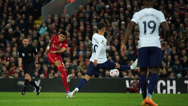 Liverpool's Luis Diaz scores their side's first goal of the game during the Premier League match at Anfield, Liverpool. Picture date: Saturday May 7, 2022. (Photo by Peter Byrne/PA Images via Getty Images)
