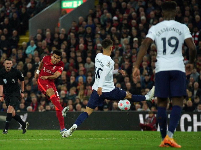 Liverpool's Luis Diaz scores their side's first goal of the game during the Premier League match at Anfield, Liverpool. Picture date: Saturday May 7, 2022. (Photo by Peter Byrne/PA Images via Getty Images)