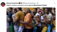 Bukan, ini bukan mengantre minyak goreng. Pemain Brighton digambarkan sedang mengantre untuk menjebol gawang David De Gea. (Foto: Twitter @Gooner_Eurychus)