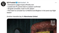 Kekalahan dari Brighton membuat MU juga mendapat raihan terburuk dalam sejarah keikutsertaannya di Premier League. Mulai dari raihan poin yang sedikit hingga jumlah kebobolan yang ditelan. Duh, MU. (Foto: Twitter @brfootball)