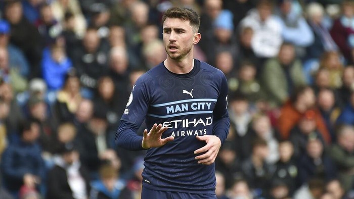 Manchester Citys Aymeric Laporte reacts during the Premier League soccer match between Burnley and Manchester City at Turf Moor, in Burnley, England, Saturday, April 2, 2022. (AP Photo/Rui Vieira)