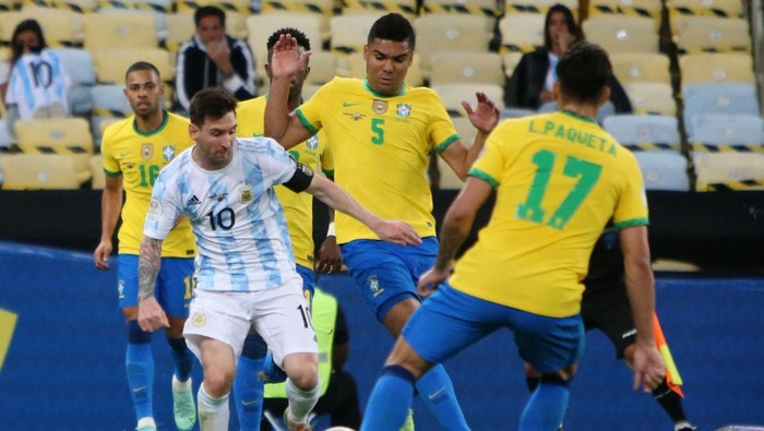 Lionel Messi   of Argentina and Casemiro of Brazil  during the Copa America 2021, Final football match between Argentina and Brazil on July 11, 2021 at Maracana stadium in Rio de Janeiro, Brazil