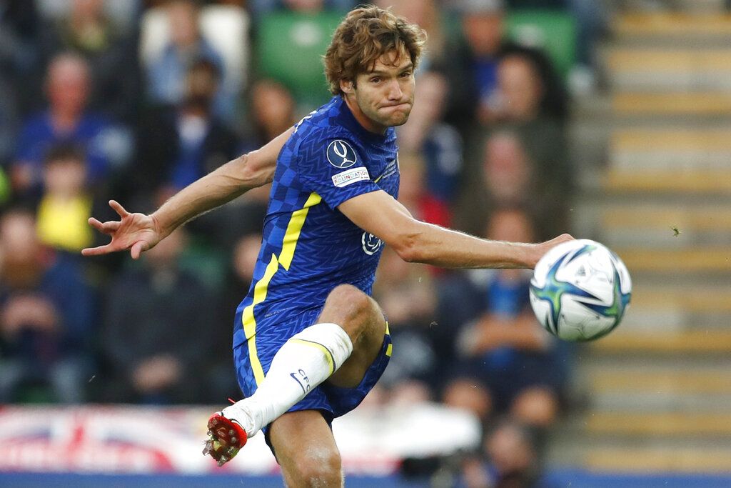 Chelsea's Marcos Alonso celebrates after scoring his side's second goal during the English FA Cup fourth round soccer match between Chelsea and Plymouth Argyle at Stamford Bridge Stadium in London, Saturday, Feb. 5, 2022. (AP Photo/Matt Dunham)