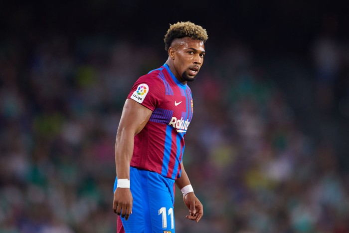 SEVILLE, SPAIN - MAY 07: Adama Traore of FC Barcelona looks on during the La Liga Santander match between Real Betis and FC Barcelona at Estadio Benito Villamarin on May 07, 2022 in Seville, Spain. (Photo by Fran Santiago/Getty Images)