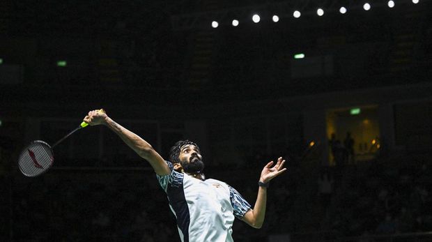 Indiaís Srikanth Kidambi hits a return against Denmarkís Anders Antonsen during the semifinals of the Thomas and Uber Cup badminton tournament in Bangkok on May 13, 2022. (Photo by Lillian SUWANRUMPHA / AFP)