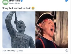 Salah satu meme yang ikut menyerbu patung Sergio Aguero. Foto: dok. Twitter