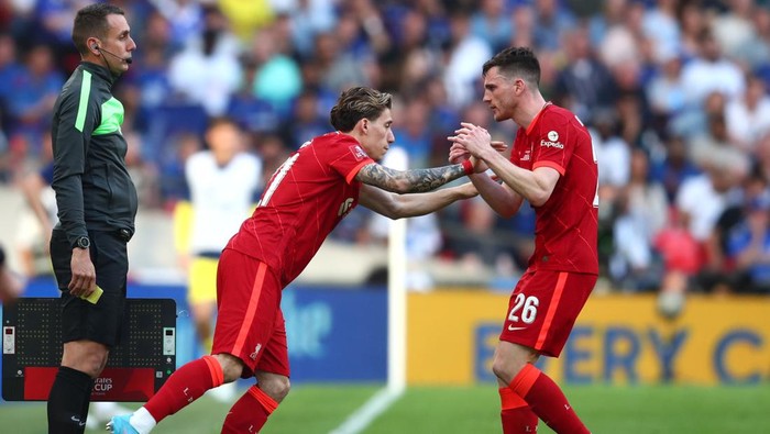 LONDON, ENGLAND - MAY 14:   Konstantinos Tsimikas of Liverpool replaces Andrew Robertson of Liverpool during The FA Cup Final match between Chelsea and Liverpool at Wembley Stadium on May 14, 2022 in London, England. (Photo by Chris Brunskill/Fantasista/Getty Images)