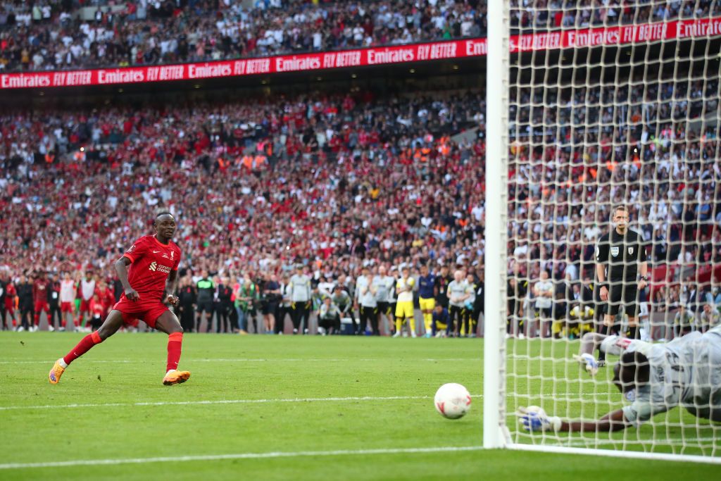 LONDON, ENGLAND - MAY 14: Sadio Mane of Liverpool looks dejected after having his penalty, the fifth in a shoot out, saved by Edouard Mendy of Chelsea during The FA Cup Final match between Chelsea and Liverpool at Wembley Stadium on May 14, 2022 in London, England. (Photo by Marc Atkins/Getty Images)