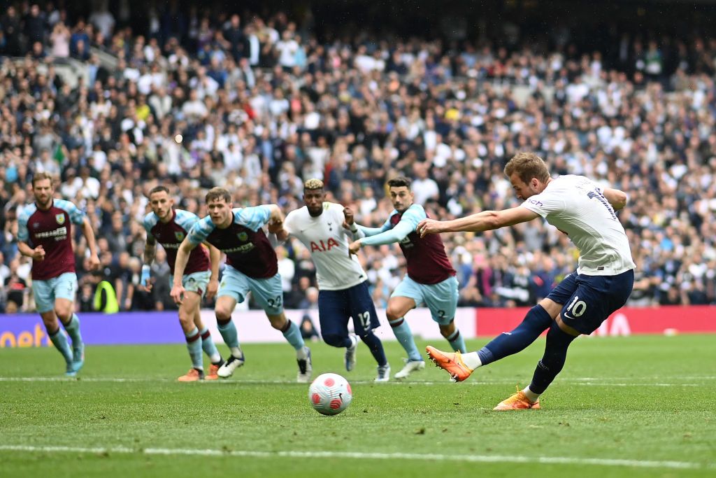 LONDON, ENGLAND - MAY 15: Harry Kane celebrates with Heung-Min Son of Tottenham Hotspur after scoring their team's first goal during the Premier League match between Tottenham Hotspur and Burnley at Tottenham Hotspur Stadium on May 15, 2022 in London, England. (Photo by Shaun Botterill/Getty Images)