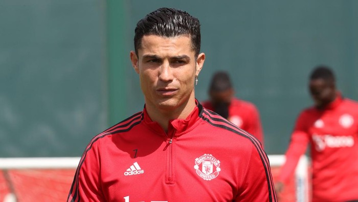 MANCHESTER, ENGLAND - MAY 12: (EXCLUSIVE COVERAGE)  Cristiano Ronaldo of Manchester United in action during a first team training session at Carrington Training Ground on May 12, 2022 in Manchester, England. (Photo by Tom Purslow/Manchester United via Getty Images)
