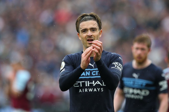 LONDON, ENGLAND - MAY 15: Jack Grealish of Manchester City applauds the fans after the Premier League match between West Ham United and Manchester City at London Stadium on May 15, 2022 in London, United Kingdom. (Photo by Craig Mercer/MB Media/Getty Images)