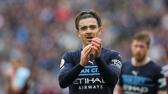 LONDON, ENGLAND - MAY 15: Jack Grealish of Manchester City applauds the fans after the Premier League match between West Ham United and Manchester City at London Stadium on May 15, 2022 in London, United Kingdom. (Photo by Craig Mercer/MB Media/Getty Images)