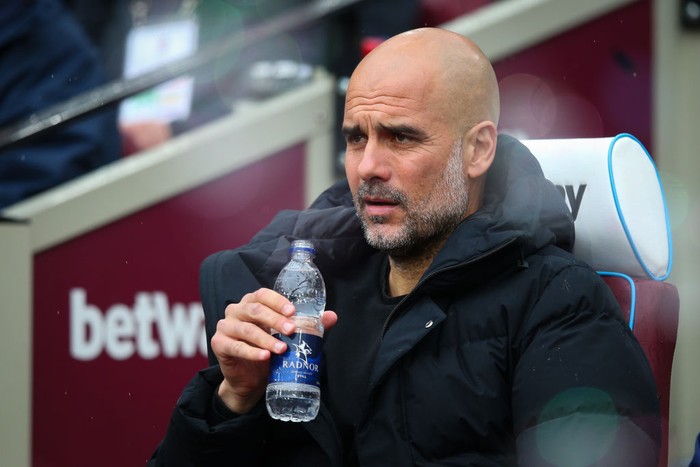 LONDON, ENGLAND - MAY 15: Manchester City manager Pep Guardiola looks on ahead of the Premier League match between West Ham United and Manchester City at London Stadium on May 15, 2022 in London, United Kingdom. (Photo by Craig Mercer/MB Media/Getty Images)